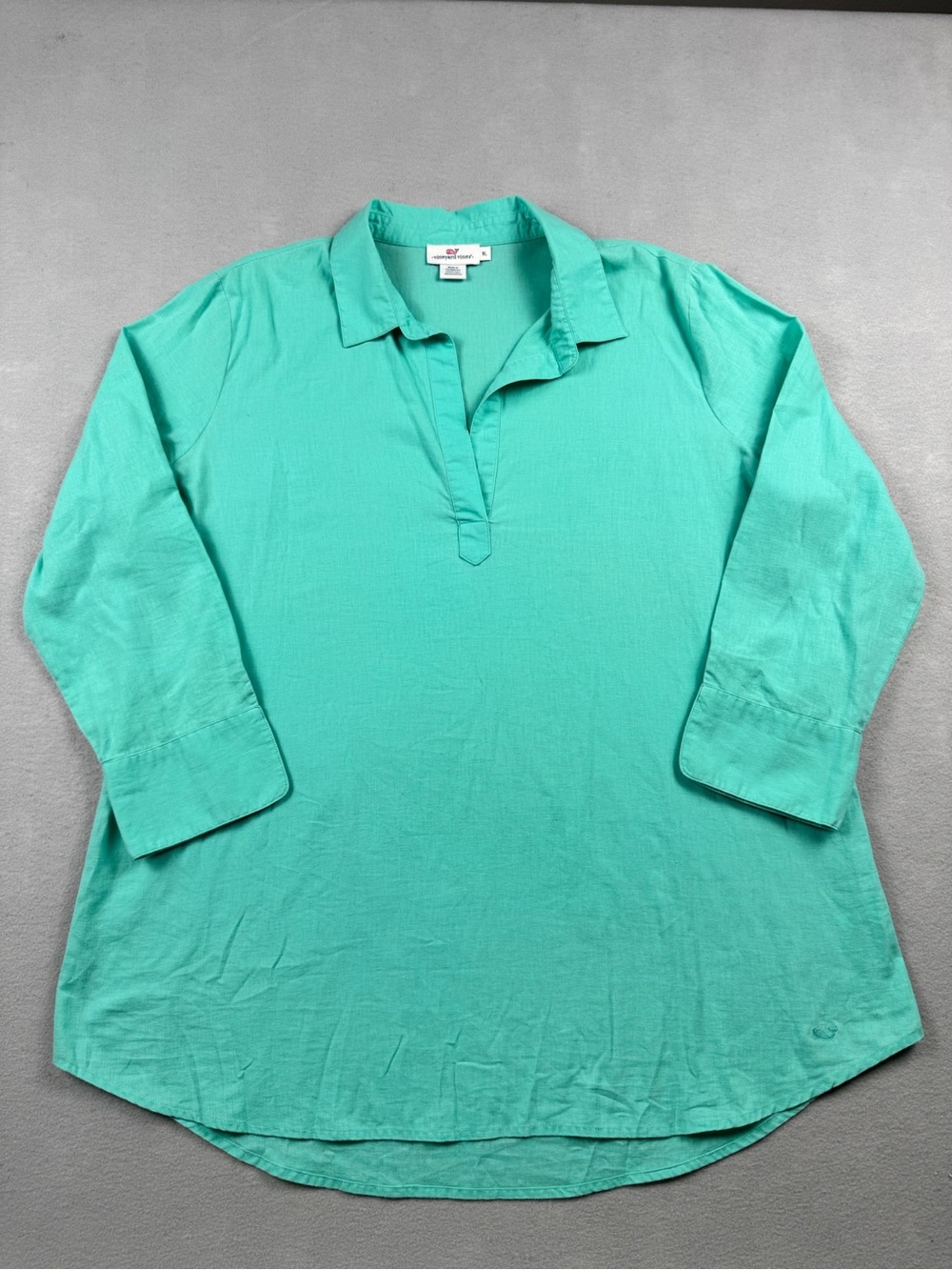 Vineyard Vines Linen Cotton Tunic Top Women XL Teal V-Neck 3/4 Sleeve Blouse
